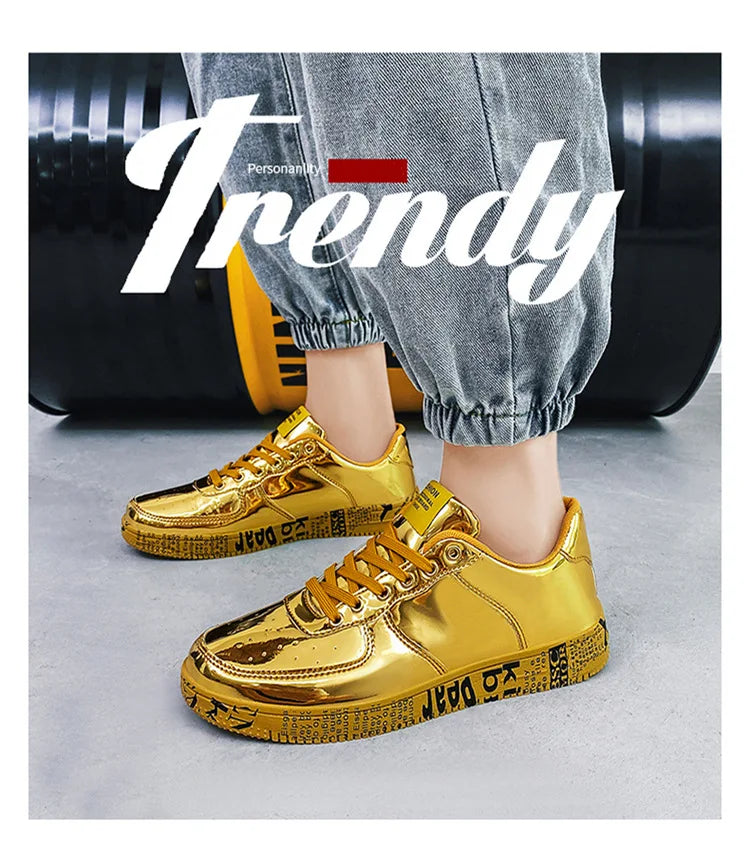 Brand Fashion Mirror Luxury Shoes for Men Women Glitter Leather Shoes Casual Men Golden