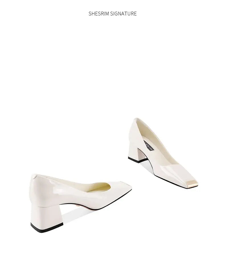 Ladies pumps chunky heels leather square head shallow mouth comfortable