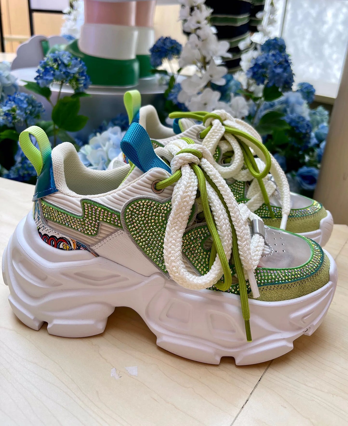 Women High Heels Platform Shoes Green Chunky Sneakers Real Leather Thick Sole Crystal