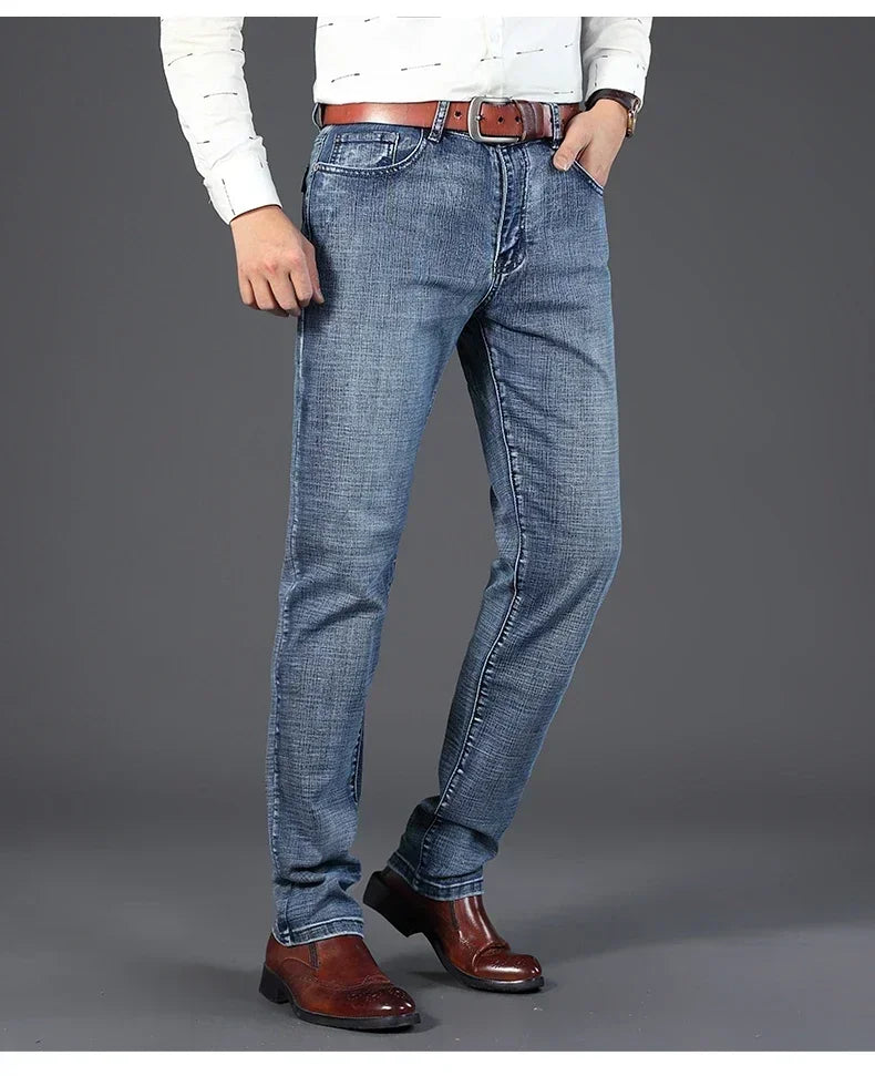 Men Classic Jeans Straight Regular Blue Stretch Denim Trousers Men's