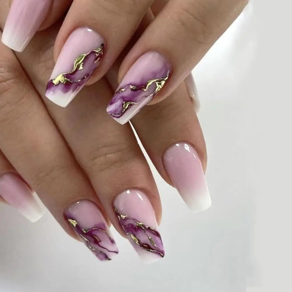 24pcs Gradient Fake Nails French Ballerina Nail Medium Coffin Press on Nails Tips AA6 AA5