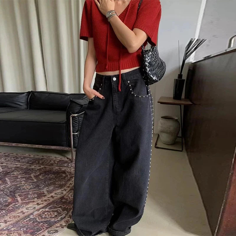 Metal Rivet Wide Leg Jeans Trousers Baggy Low Rise Pockets Denim
