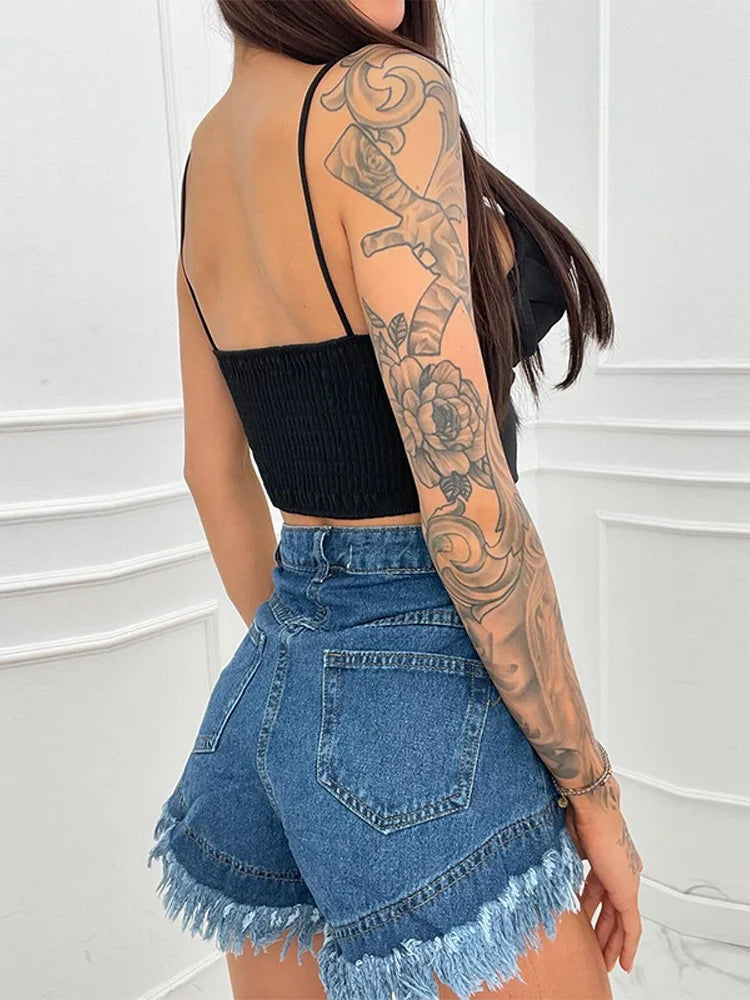 Denim Shorts Pants Low Rise Slim Lady Crop jeans Distressed Chic Casual Short Trousers