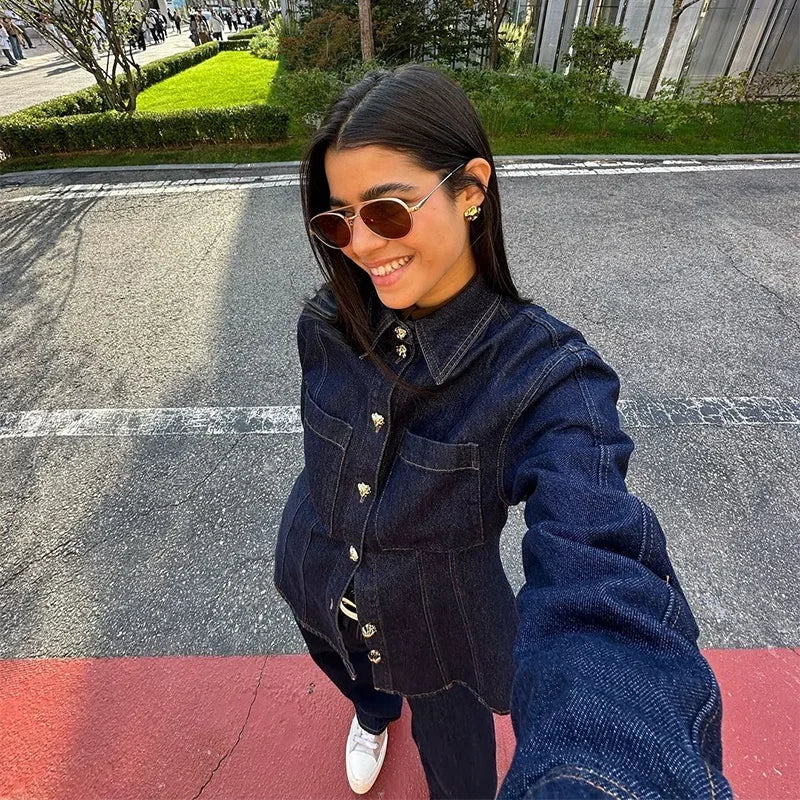 Street Denim Shirt Set Women Lapel Waist Up Long Sleeve Single Breasted Pocket Jacket Lady Jean Outfit set / M set / L pant / L set / M-set / L-pant / L-set / S-pant / S-pant / M-top / M-top / L-top / S-