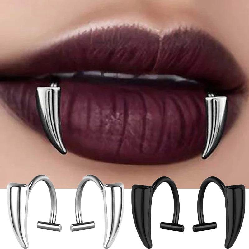 1pair Stainless Steel Sharp Teeth Fake Piercing Lip Ring Punk Exaggerated Jewelry for Women Gothic - Fashionqueene.com