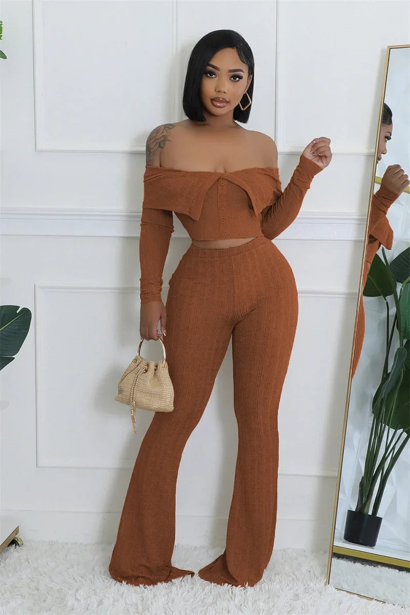 Knitted Two Piece Set Off Shoulder Slash Neck Crop Top and Flare Pants Set