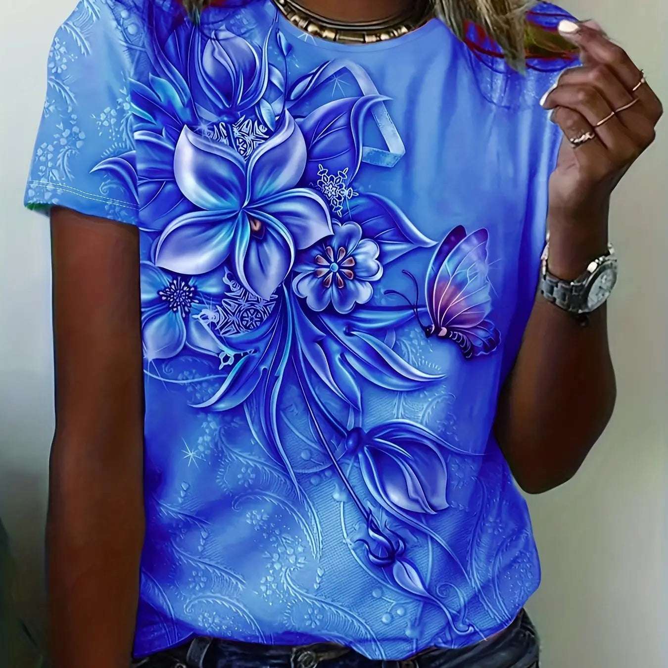 Flower Butterfly Printed Women's T-Shirt Summer NEW Oversize Short Sleeve Tee