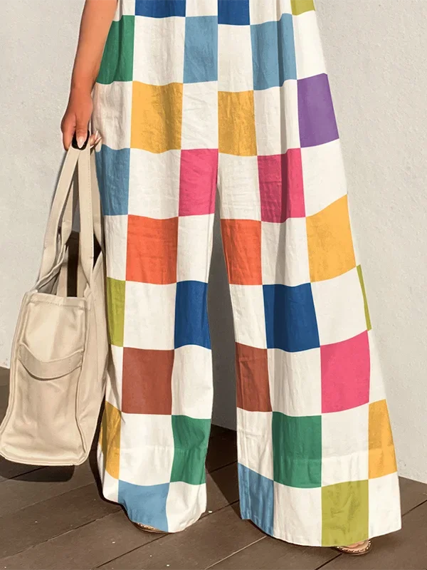 Multicolour Plaid Wide Leg Jumpsuit Sleeveless Oversize Loose Casual