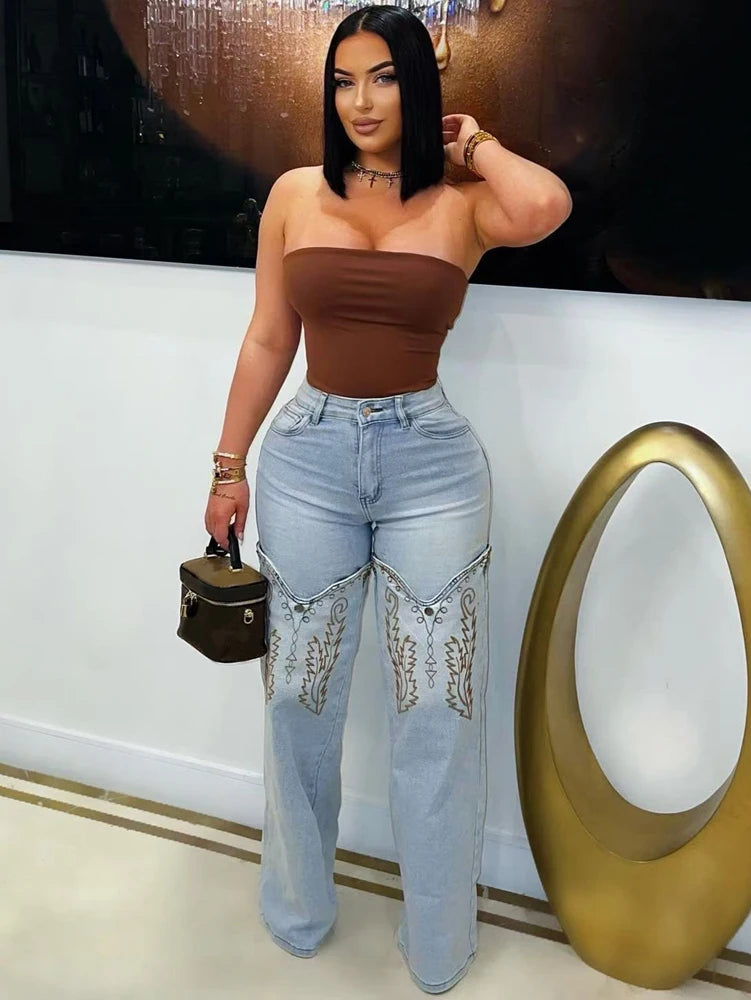 Embroidery Denim Trousers Casual High Waist Straight Leg Jeans Women