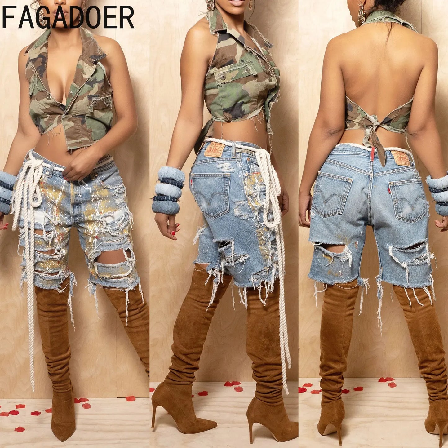 Hole Print Pants Casual High Waist Button Straight Jeans Summer Female