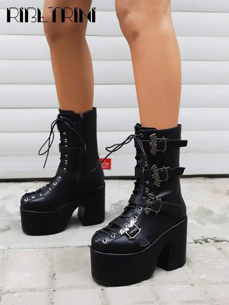 Goth Women Motorcycle Boots Block High Heels Platform Cool Street Boots