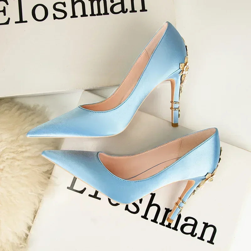 Women's Metal Flowers Stiletto High-heel Shoes Female Light Luxury Wedding Shoes Pointed Toe