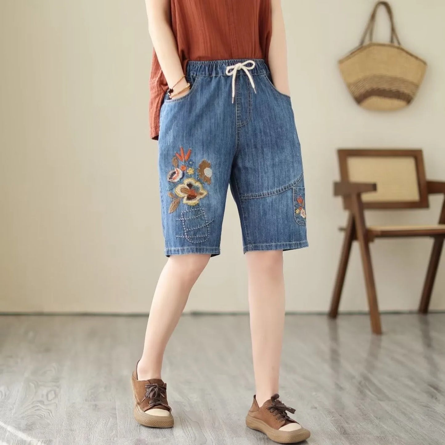 Women Summer Embroidery Self Tie Plus Size Mid Length Pants Artistic Casual Ripped Yellow / M / United States Yellow / XL / United States Red / L / United States Yellow / M / United States-Yellow / XL / United States-Red / L / United States-Red / M / United States-Red / XL / United States-Yellow / L / United States-