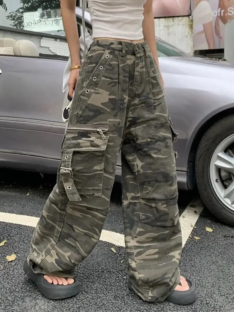Distressed Camouflage Overalls Straight Jeans Baggy Jeans Harajuku Y2k Hot Girl Trousers