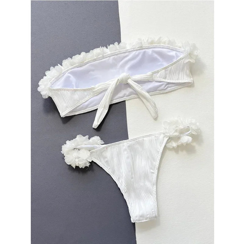 Lace Ruffle Strapless Backless Bikini Set White High Waist Swimwear