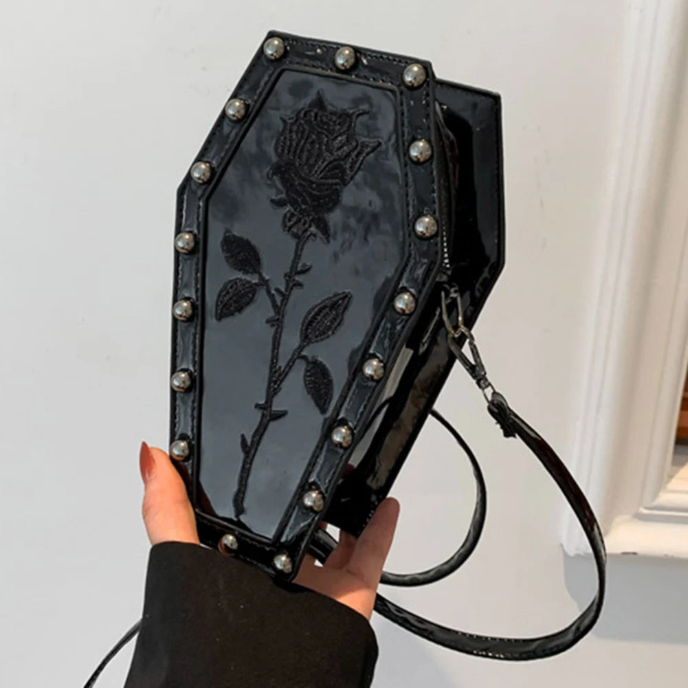 Women Coffin Satchel Purse Cartoon Gothic Coin Purse Strap Adjustable Casual Spider Coffin Bag