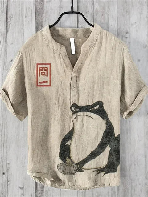 3D digital heat transfer animal landscape 3-button large size stand-up collar short-sleeved shirt