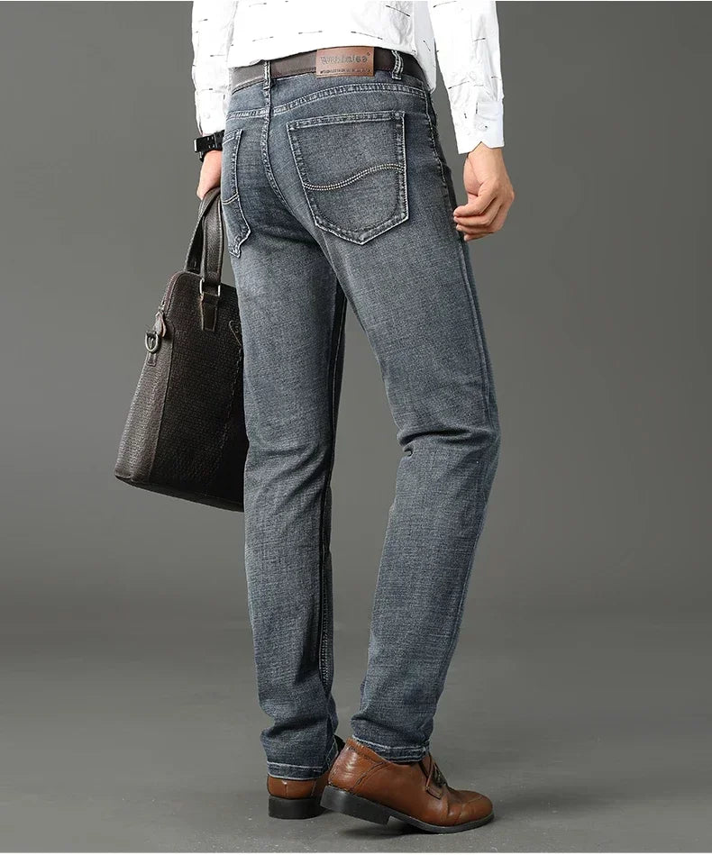 Men Classic Jeans Straight Regular Blue Stretch Denim Trousers Men's