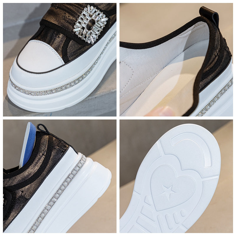 Denim Platform Wedge Genuine Leather Casual Comfy High Brand Chunky Sneakers Hidden Heels Shoes