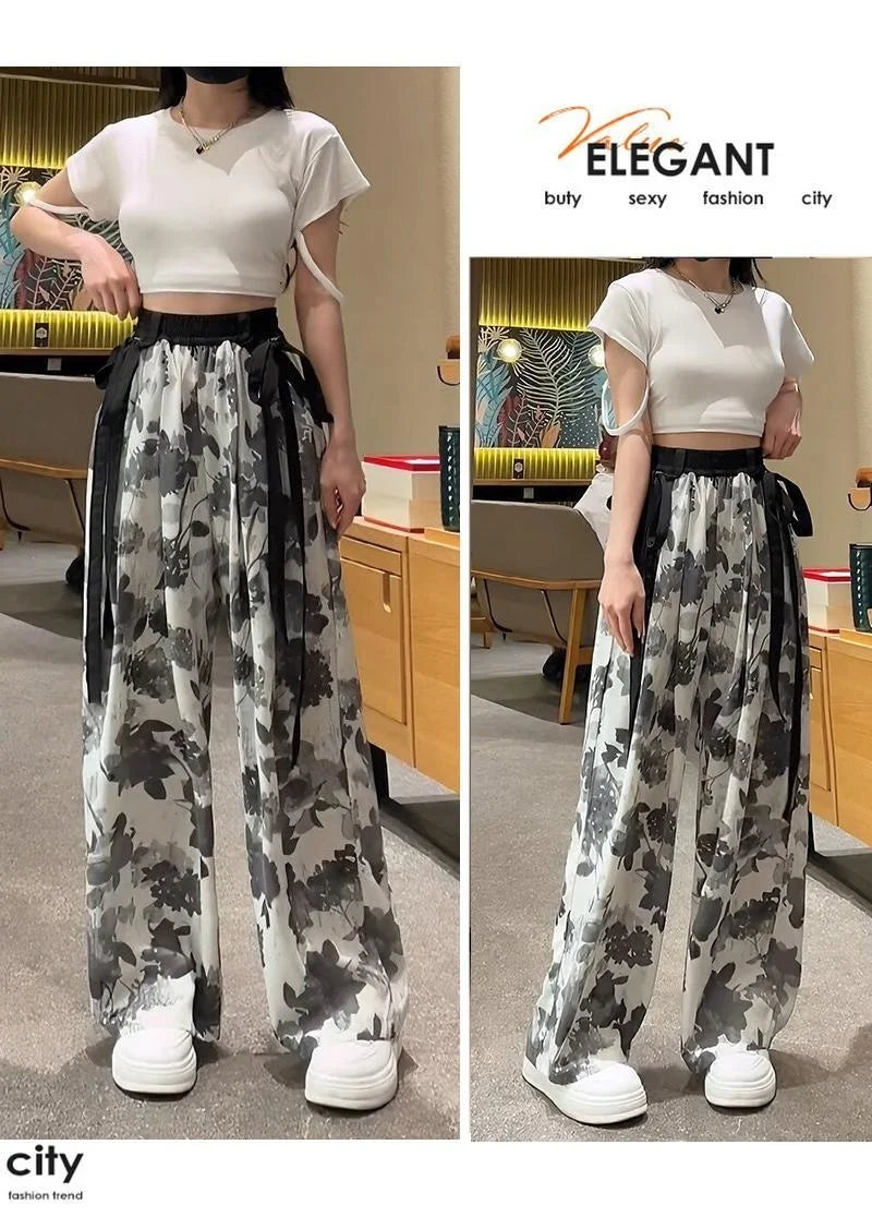 Women's Thin Casual Ice Silk Chiffon Wide Leg Pants Strap Drop Straight Tube Floor Trousers Korean Women