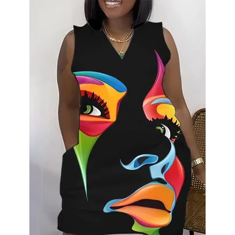 Oversized Geometric Painted Portrait Print Tank Dress
