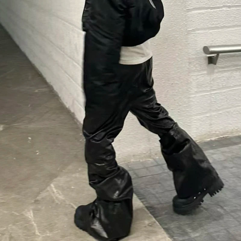 High Street Wide Leg Glossy Leather Pants Sashes Boot Cut Men and Women Straight Baggy Casual Jeans Oversized Flared Trousers