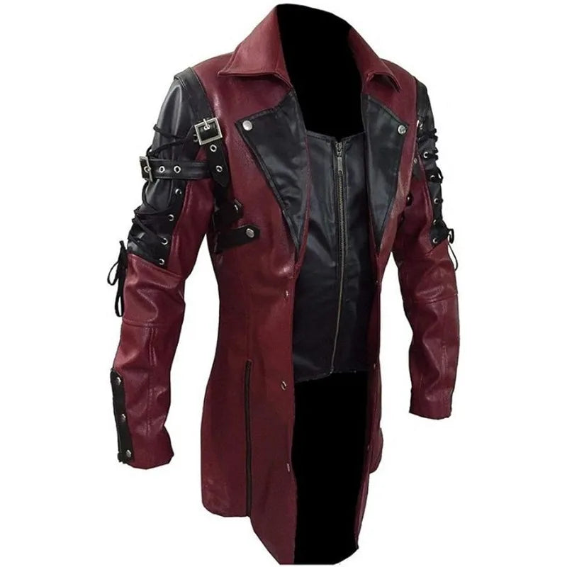 Men's Gothic Trench Coat Leather Punk Style Biker Jacket