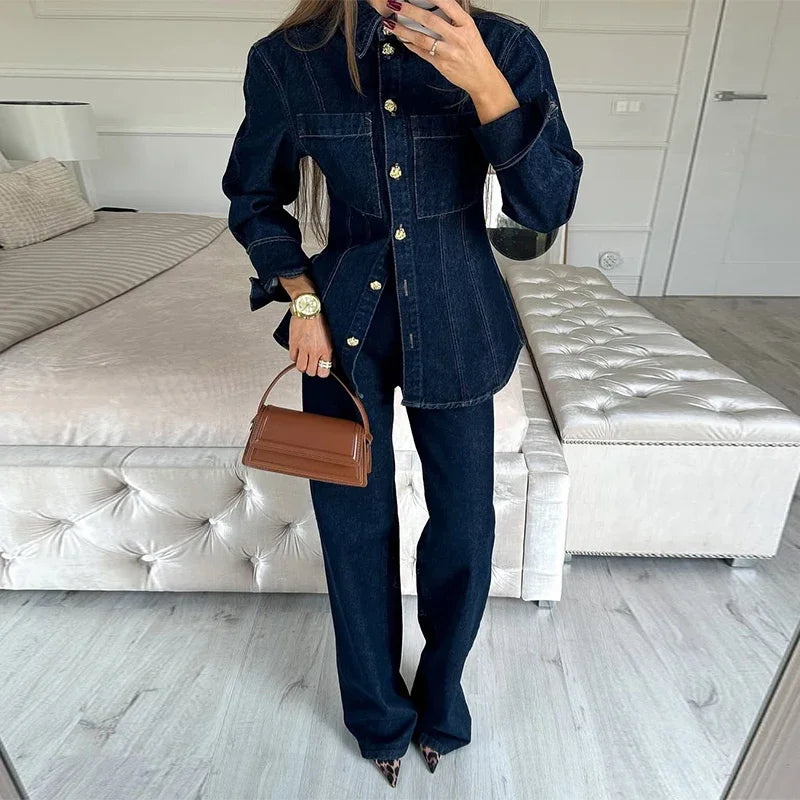 Street Denim Shirt Set Women Lapel Waist Up Long Sleeve Single Breasted Pocket Jacket Lady Jean Outfit set / M set / L pant / L set / M-set / L-pant / L-set / S-pant / S-pant / M-top / M-top / L-top / S-