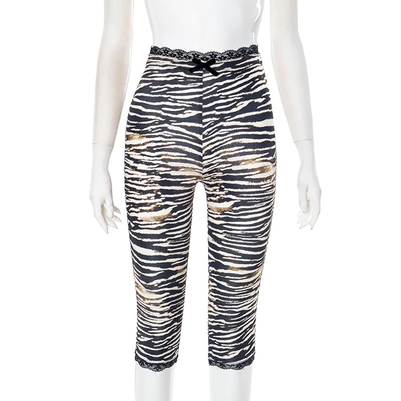Lace Edge Bow Decoration Leopard Print Slim Seven Pants Summer