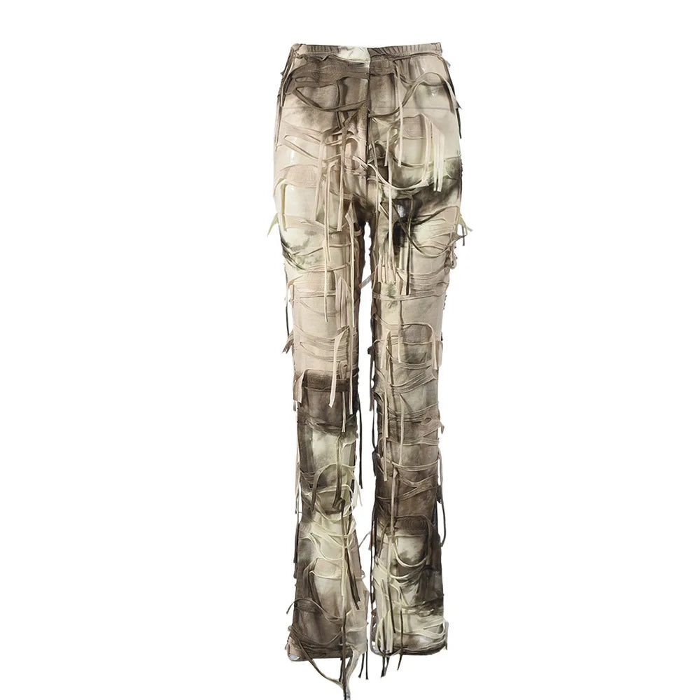 Tie Dye Printed High Waist Drawstring Tassel Flare Pants Stretch Legging Wide Leg