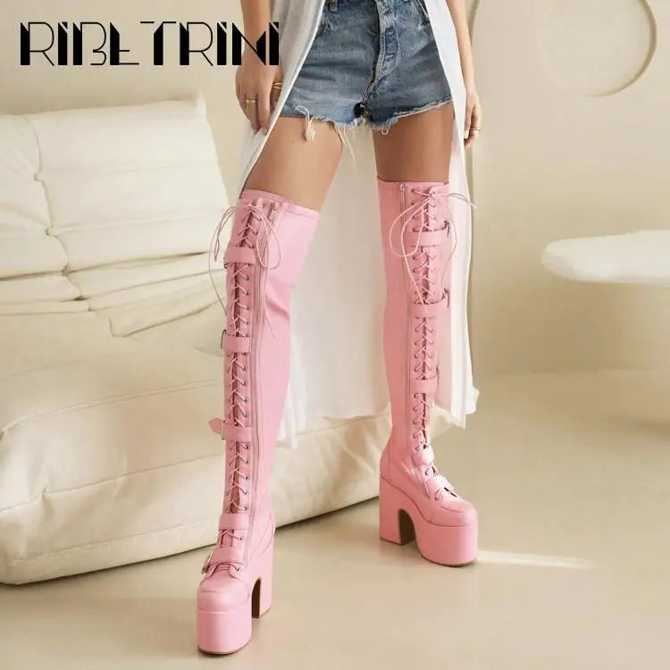 Goth Women Motorcycle Boots Block High Heels Platform Cool Street Boots