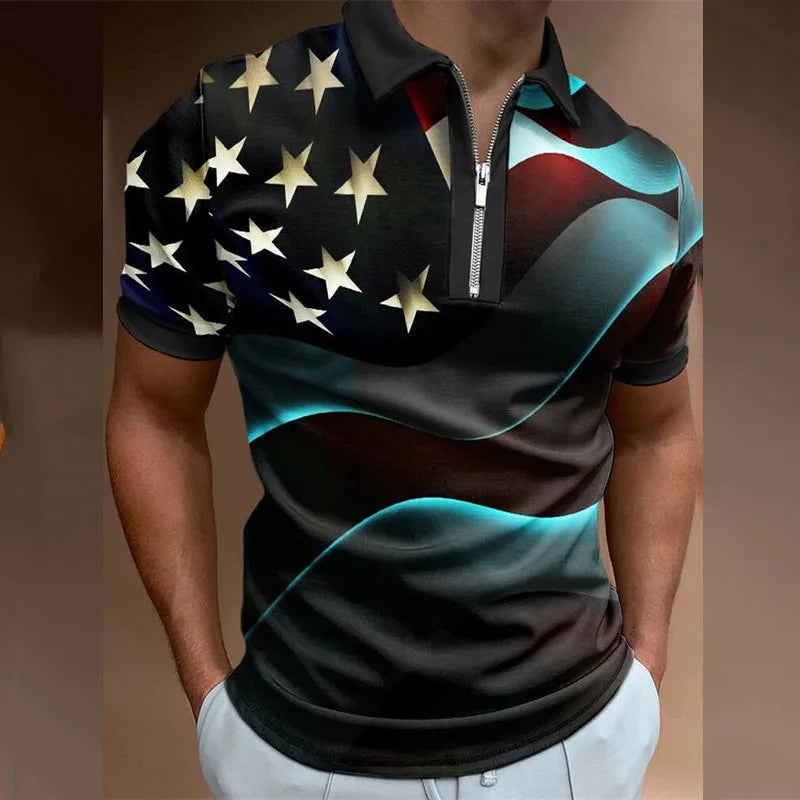 Men's 3D Flag Pattern Printed Short Sleeve POLO Shirt Zipper Men's T-Shirt