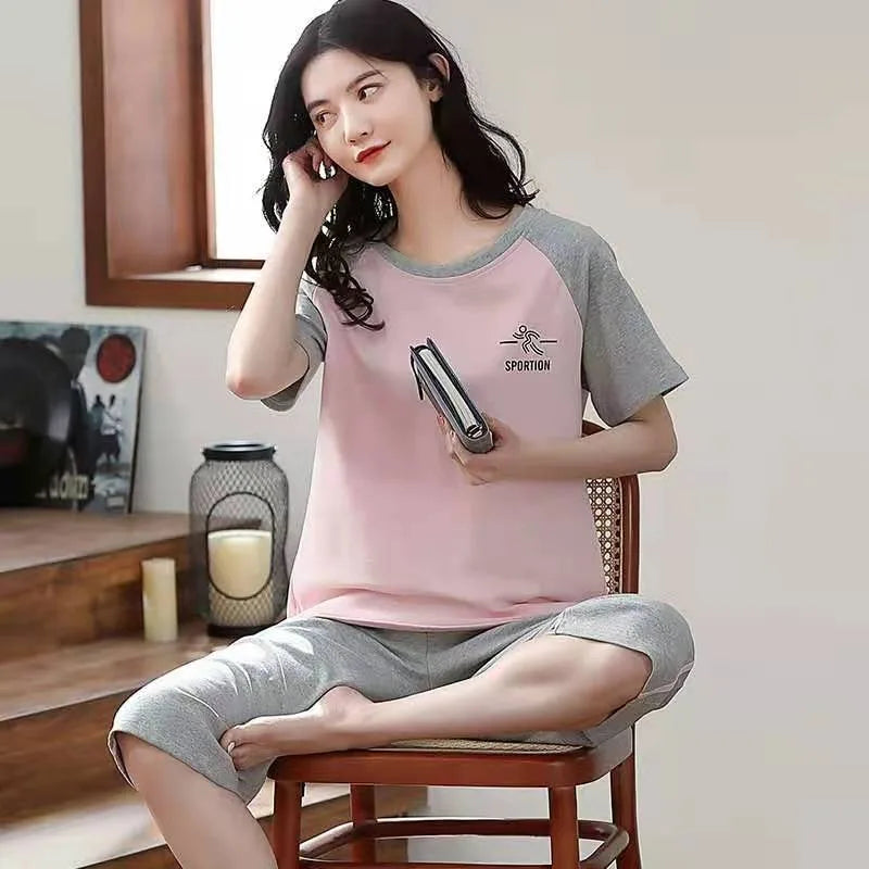 Half-Sleeve Seven-Quarter Trousers Student Nightwear Set Round Neck Cartoon Ladies Pajamas Loungewear