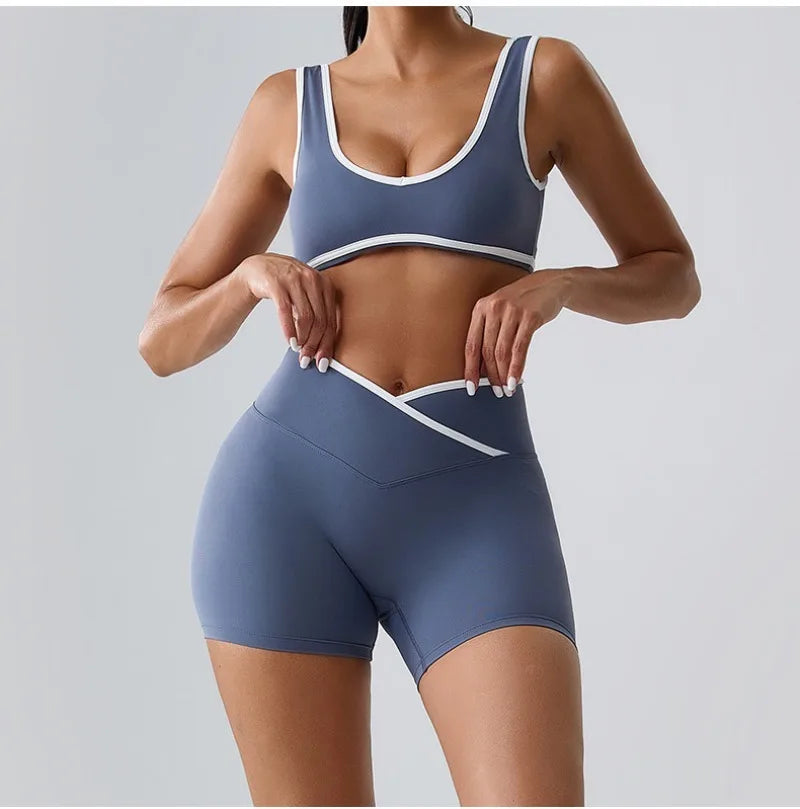 Seamless Yoga Sets Sports Fitness cross waist Waist Hip-lifting Shorts Bra Suit