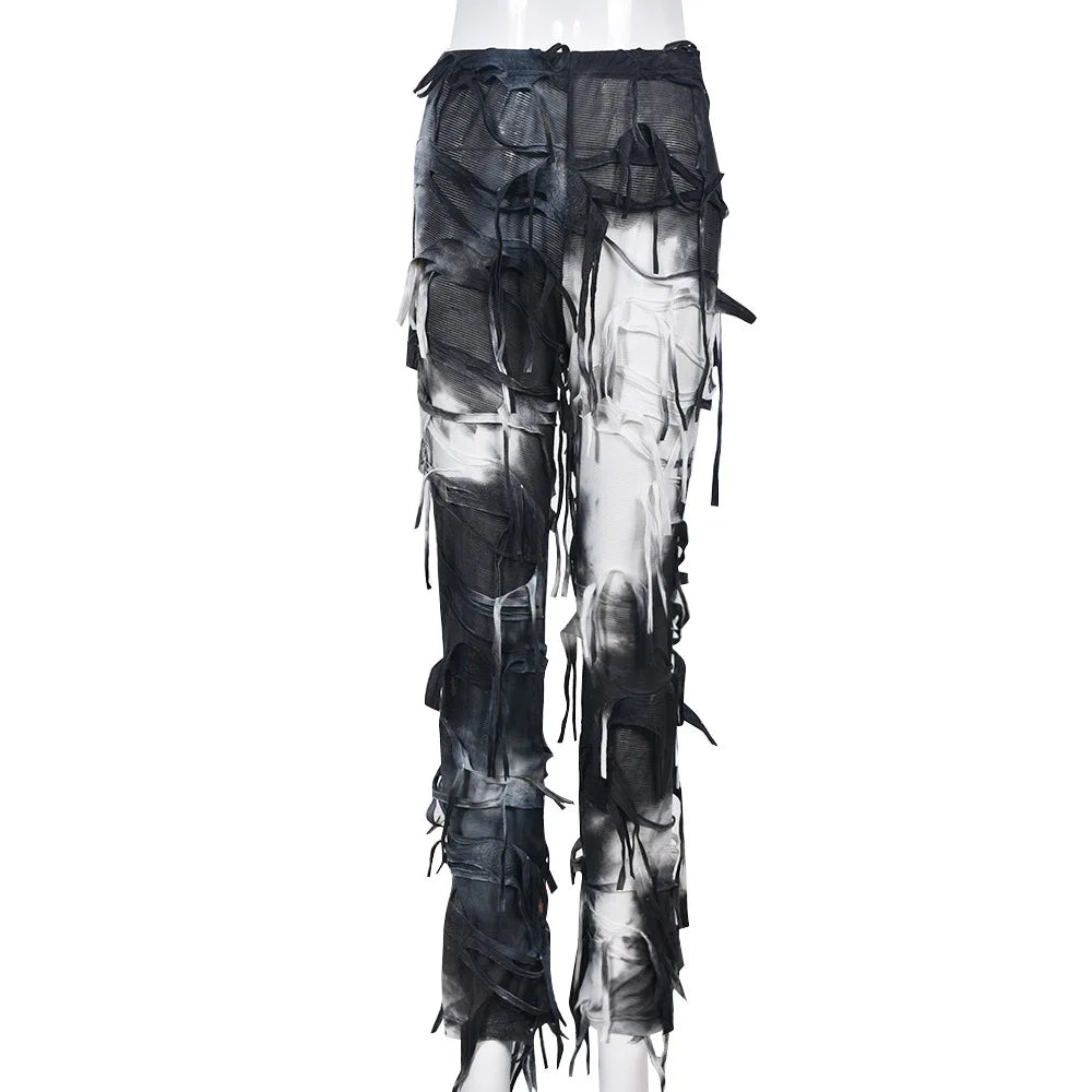 Tie Dye Printed High Waist Drawstring Tassel Flare Pants Stretch Legging Wide Leg