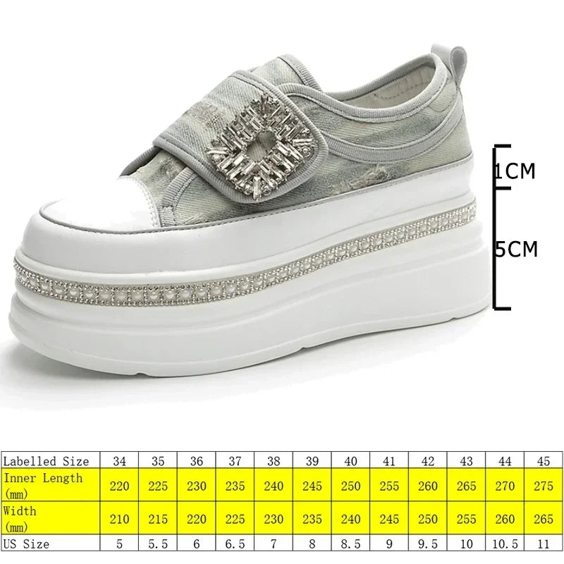 Denim Platform Wedge Genuine Leather Casual Comfy High Brand Chunky Sneakers Hidden Heels Shoes