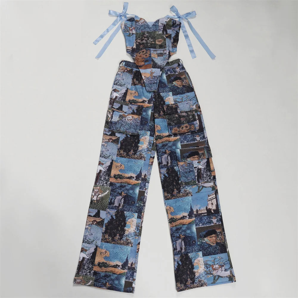 2 Piece Set Print Lace Up Strapless Tops + Wide Leg Pants Club Party Two Piece Outfits