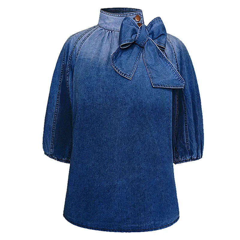 Women Denim Top Turtleneck Splice Puff Sleeve Shirts Loose Solid Pullovers Casual