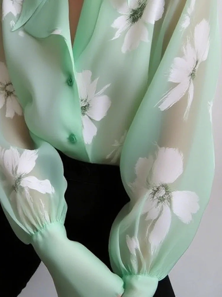 Urban Female Elegant Floral Printed See-Through Lapel Blouse Flared Sleeves Loose Casual Office Party