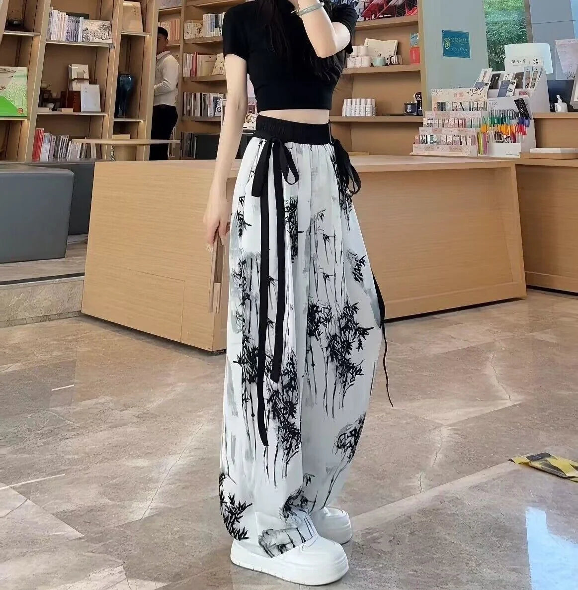 Women's Thin Casual Ice Silk Chiffon Wide Leg Pants Strap Drop Straight Tube Floor Trousers Korean Women