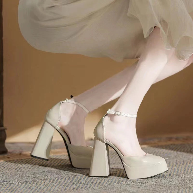Super-high Heel Thick Heel Shoes Platform Sandal Elegant Round Toe White Heels BEIGE / 35 / United States BLACK / 40 / United States