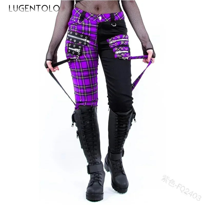 Women Pants Plaid Autumn Trousers Personality Bandage Splice Casual Women's Print Large Size Pencil Clothing