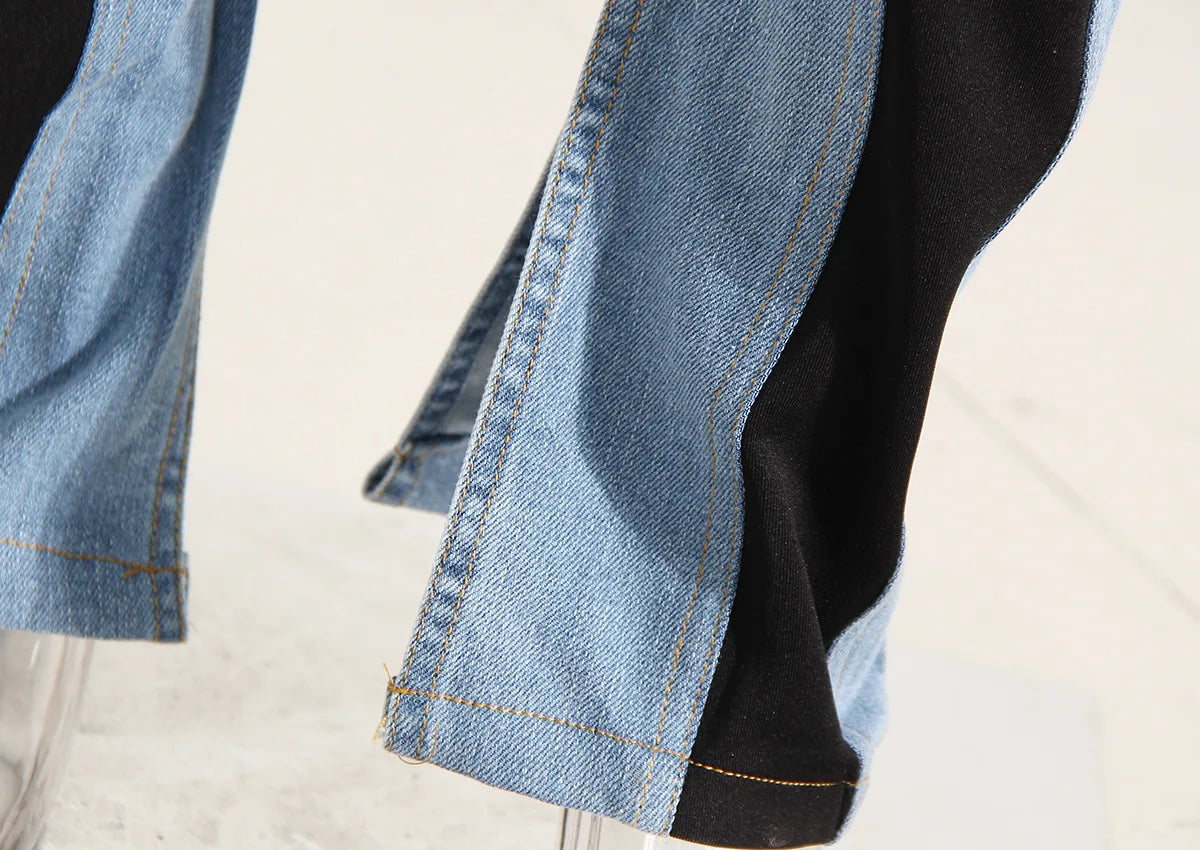 Color Block Women's Jeans Slim Panelled Patchwork High Waist Split Blue Long Denim Pants