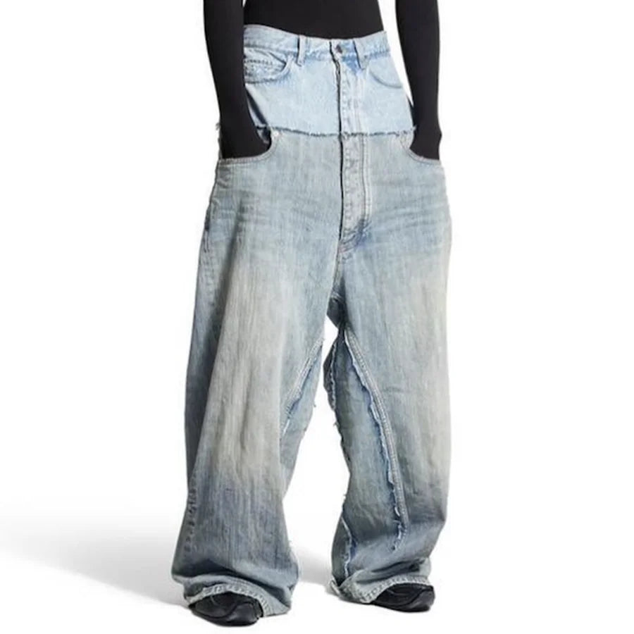 CUT-UP Double-layer Double Waist Patchwork Baggy Jeans for Men and Women Straight Casual Loose