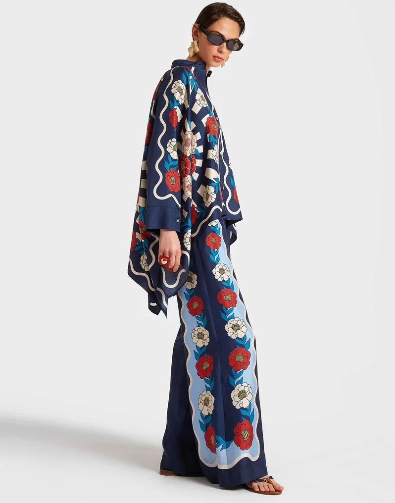 Vintage Print Pants Sets Women Irregular Loose Long Sleeve Shirt Wide Leg Trousers Two Piece Set Female Fashion Trend Streetwear
