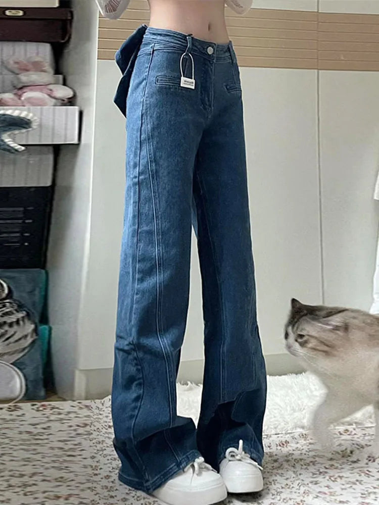 Y2K High Waist Flare Denim Jeans With Big Bow Ruffles Sweetheart Stylish Female Slim Fit Casual Trousers