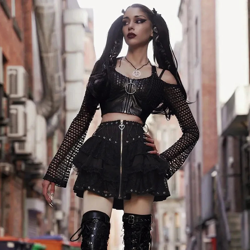 Women's Punk Vintage High Wasit Skirt Zipper Front Black Gothic Cosplay Mini Skirts