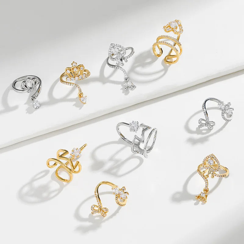 Dainty Crown Nail Rings for Women Full Zircon Fingernail Adjustable Tip Nail Cap Loop Ring