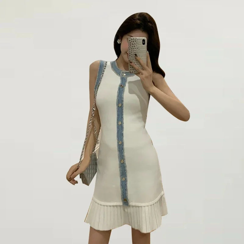 Denim Patchwork Skirts Round Collar Sleeveless Slim Dress Single-breasted Splicing