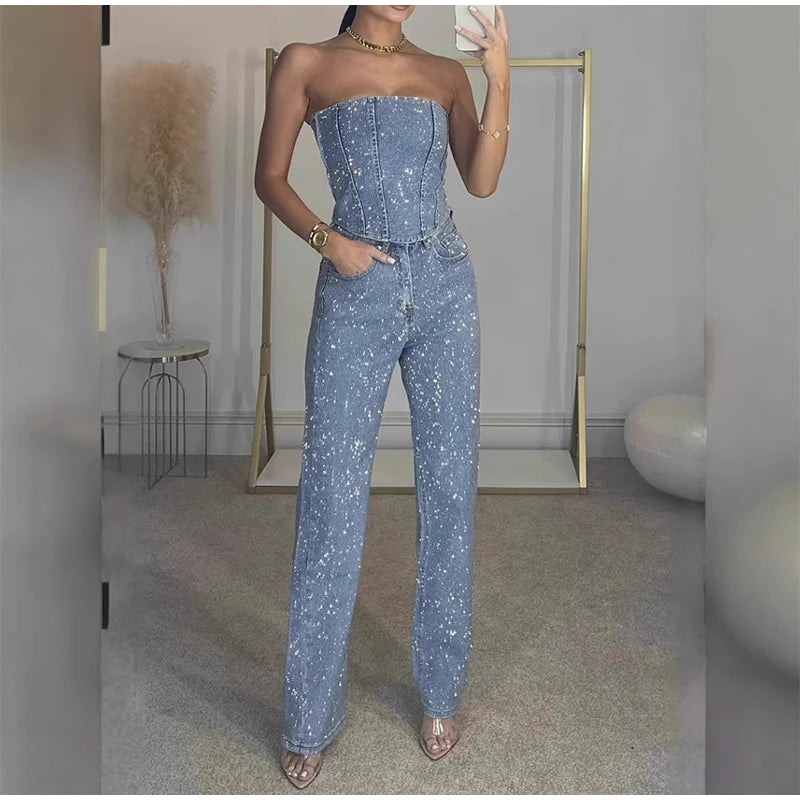 Diamond Vest Jeans Set For Women Sleveless Tube Tops High Waist Pocket Denim